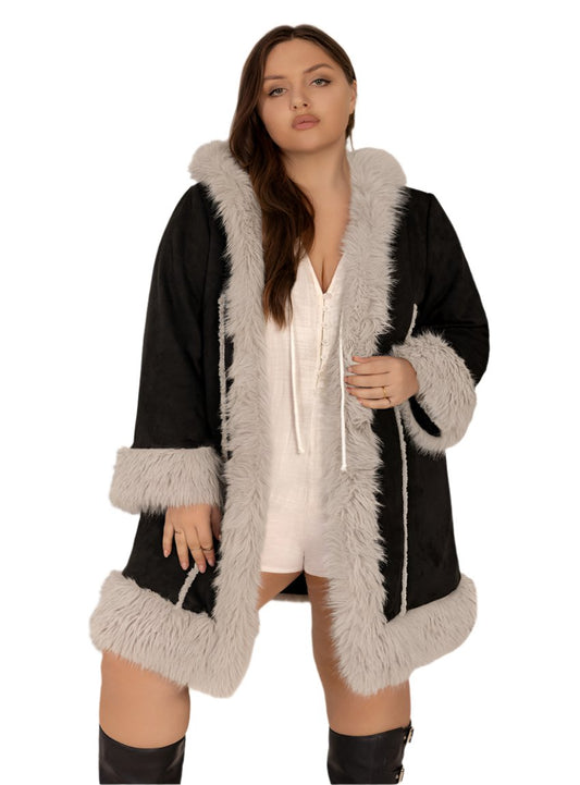 Front view of black faux fur trim hooded coat with raw hem