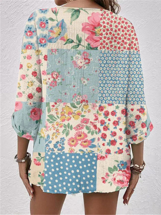 Unique patchwork floral top with relaxed fit and easy-care fabric.