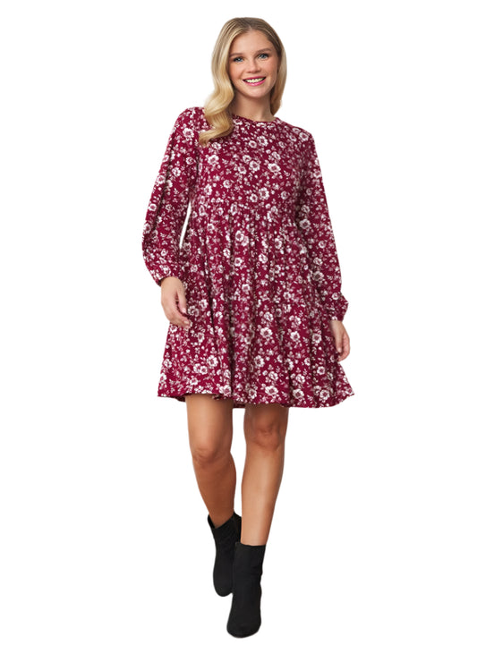 Floral crew neck midi dress in burgundy