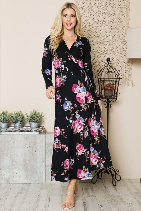 Black floral maxi wrap dress with waist tie