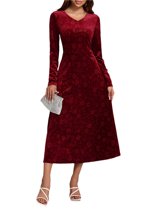 Floral V-neck long sleeve midi dress in red with elegant floral embossing.