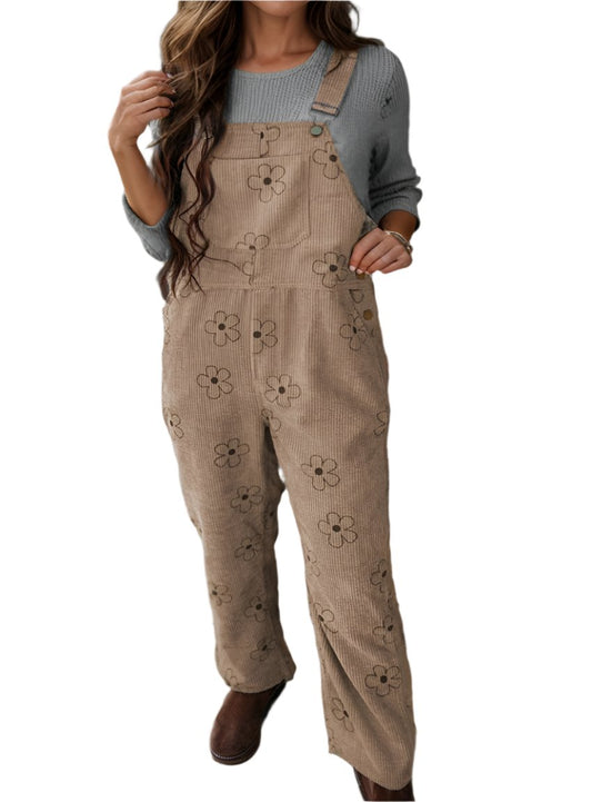 Front view of Flower Wide Strap Overalls with a charming floral pattern and wide-leg fit.