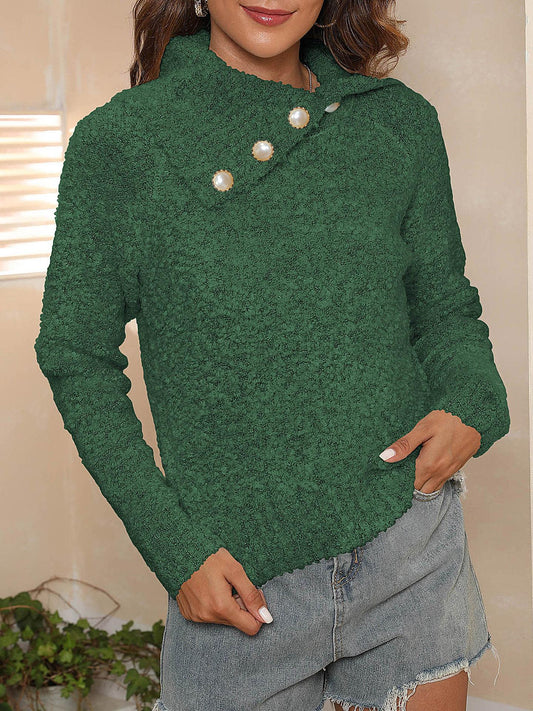 Full-length view of the green button knit sweater, perfect for a cozy fall or winter wardrobe.
