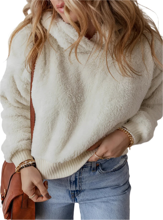 Fuzzy beige dropped shoulder fleece hoodie for women, front view.