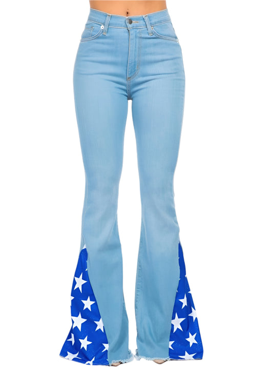 Front view of GJG Denim Star Bell Bottom Jeans showcasing the high-rise fit and side inserts.