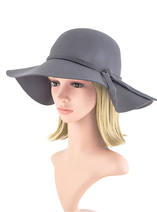 Front view of a gray floppy wool felt hat featuring a bow accent.