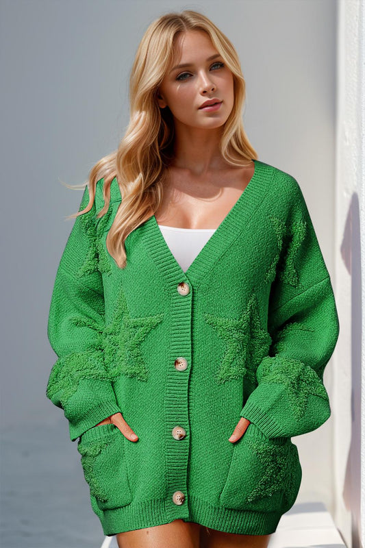 Knit green cardigan featuring playful star design.