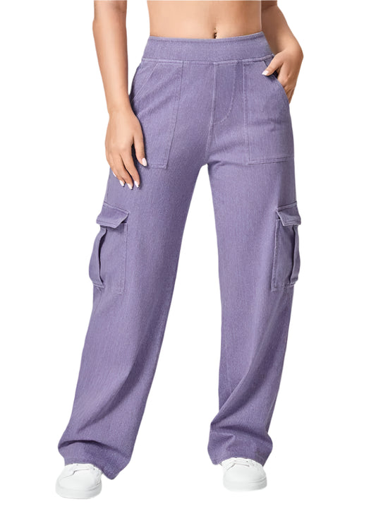 Front view of high waist straight leg cargo jeans in lilac showcasing modern color and utility.