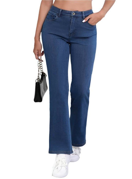 Front view of high waist straight-leg stretch jeans in blue.