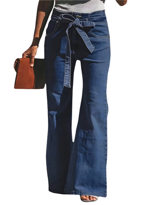 Front view of high waist wide-leg tie-belt jeans in dark wash.