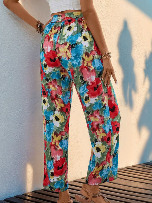 Lightweight colorful floral wide-leg pants in viscose