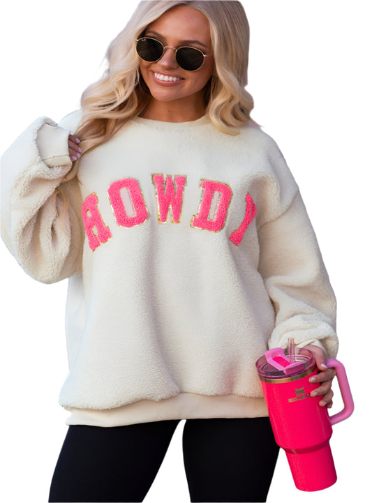 Front view of HOWDY patched sherpa sweatshirt