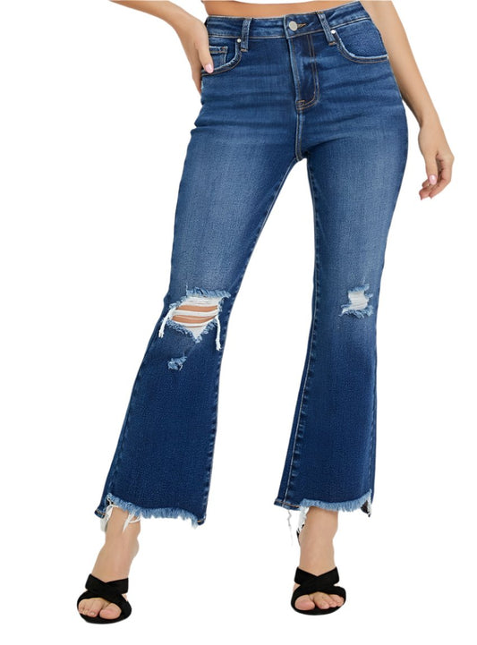RISEN Jeans | High Rise Distressed Crop Flare Leg