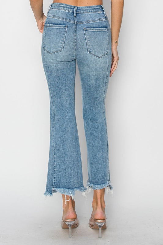 RISEN Jeans - Cropped Frayed Hem High Rise Flare