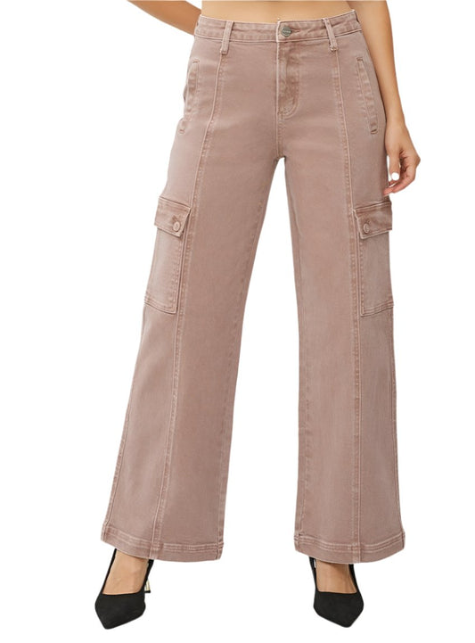RISEN Jeans | Mauve High Rise Wide Leg Cargo Denim