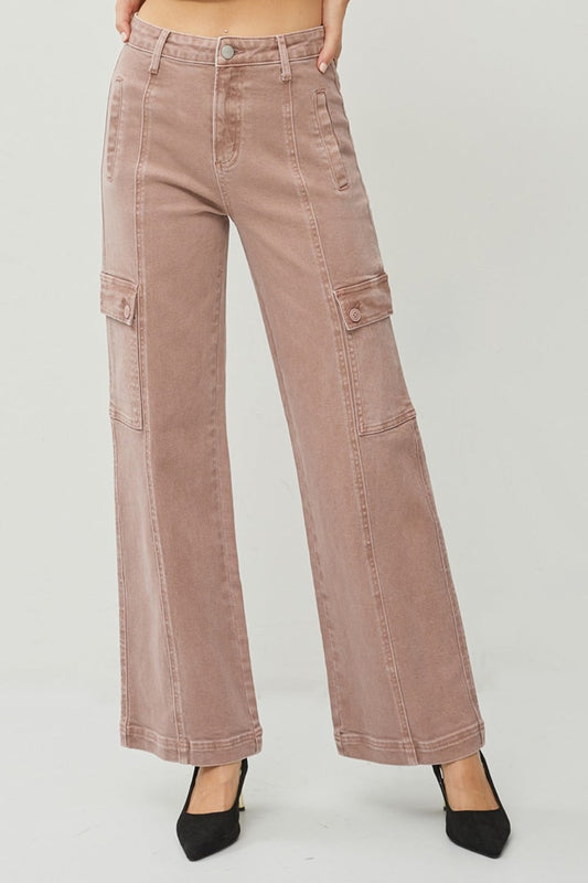 RISEN Jeans | Mauve High Rise Wide Leg Cargo Denim