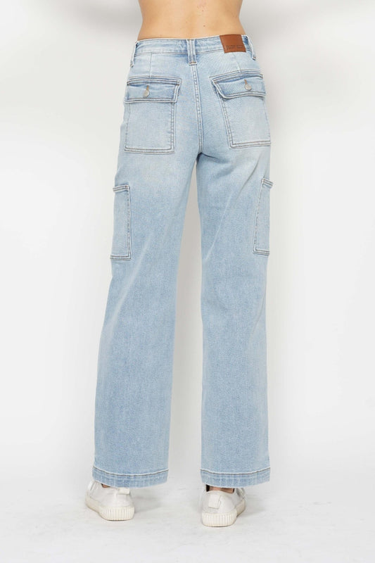 Judy Blue light wash jeans with high-waist, straight legs & cargo pockets