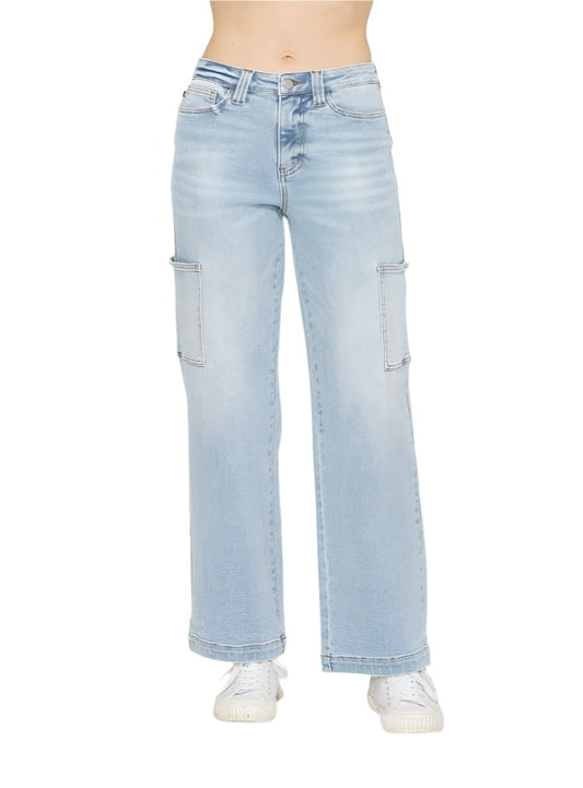 Judy Blue light wash jeans with high-waist, straight legs & cargo pockets