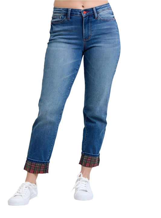 Mid-waist Judy Blue jeans with plaid print cuffs, front view.