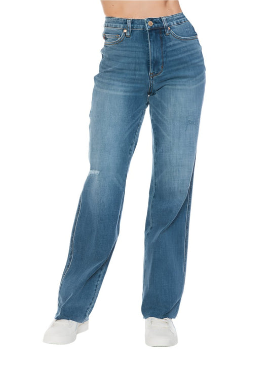 Front view of Judy Blue Tummy Control Raw Hem Straight Jeans.