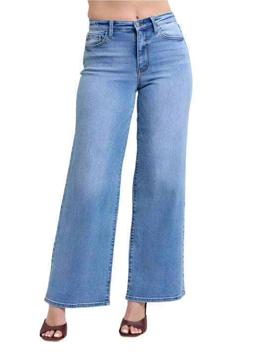 Front view of Judy Blue wide leg jeans showcasing high waist and relaxed fit.
