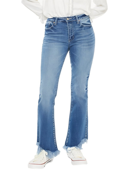 Front view of Kancan High Rise Frayed Hem Jeans with raw edge detail.