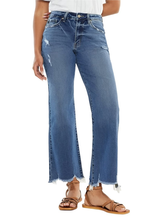 Front view of Kancan high-rise wide leg jeans with a raw hem and medium wash.