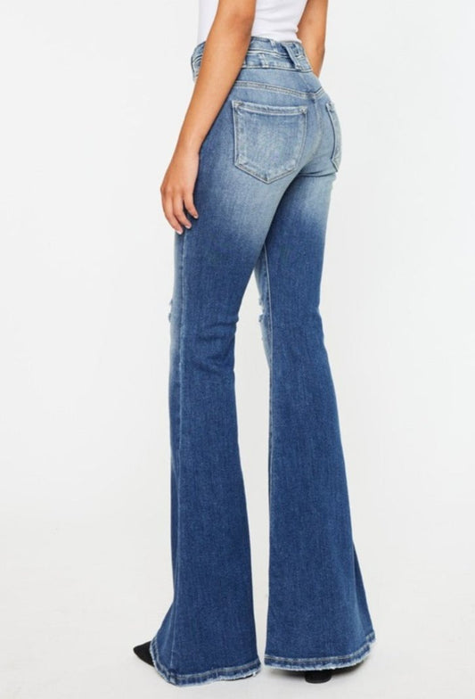 Back view of Kancan high-rise wide waistband flare jeans in medium wash.