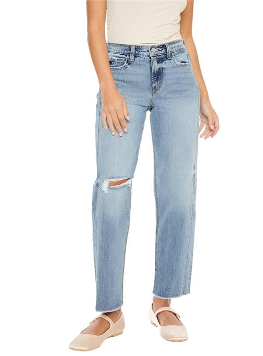 Front view of Kancan Ultra High Rise Distressed Straight Jeans featuring raw hem and distressing.