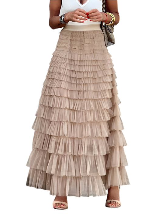 Front view of a khaki mesh cake swing skirt with multi-layered design.