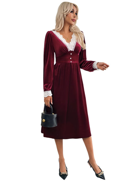 Front view of lace detail V-neck long sleeve red midi dress with decorative buttons.