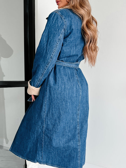 Back view of denim coat with lace-up detail and lambswool lining