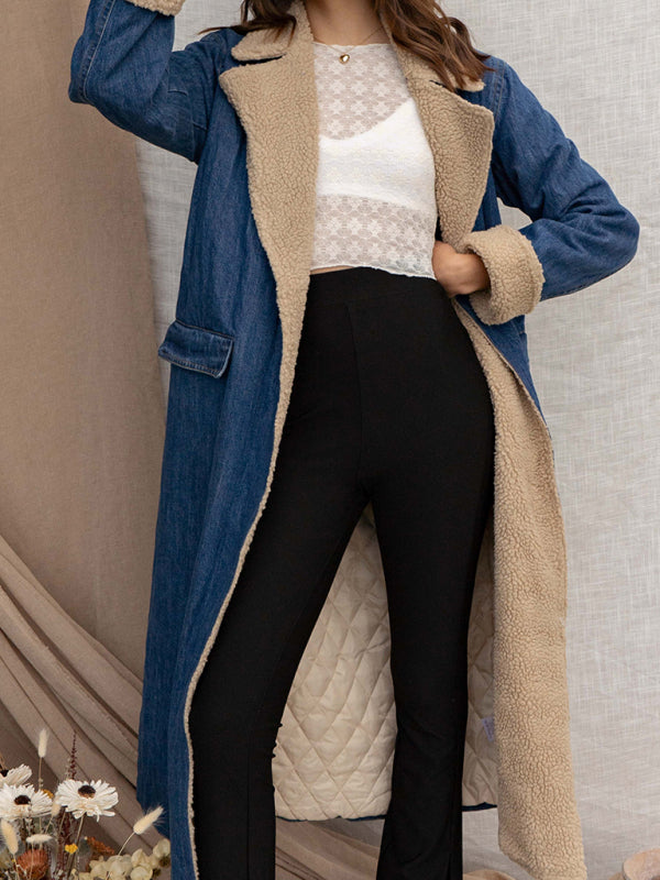 Cozy lambswool lapel and quilted lining on denim coat for warmth