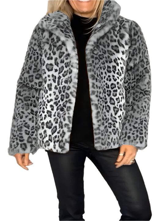 Gray leopard print faux fur jacket, front view with a bold statement design