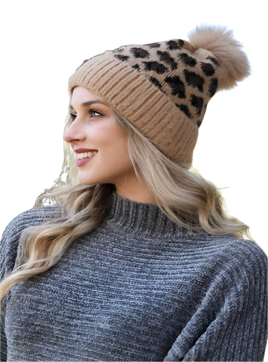 Camel and black leopard print knit beanie with matching faux fur pom
