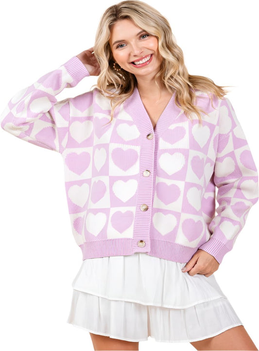 Front view of lilac checkered button down heart cardigan