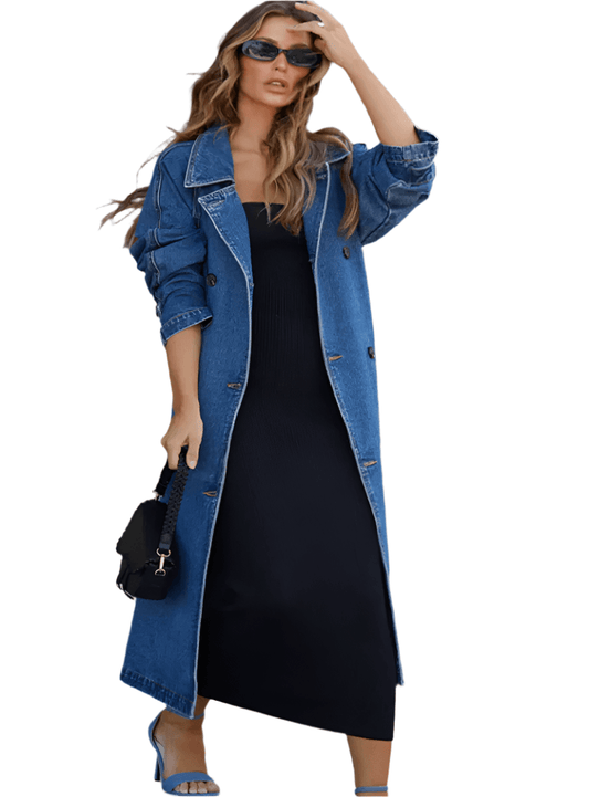 Front view of blue denim trench coat with belted waist and lapel collar