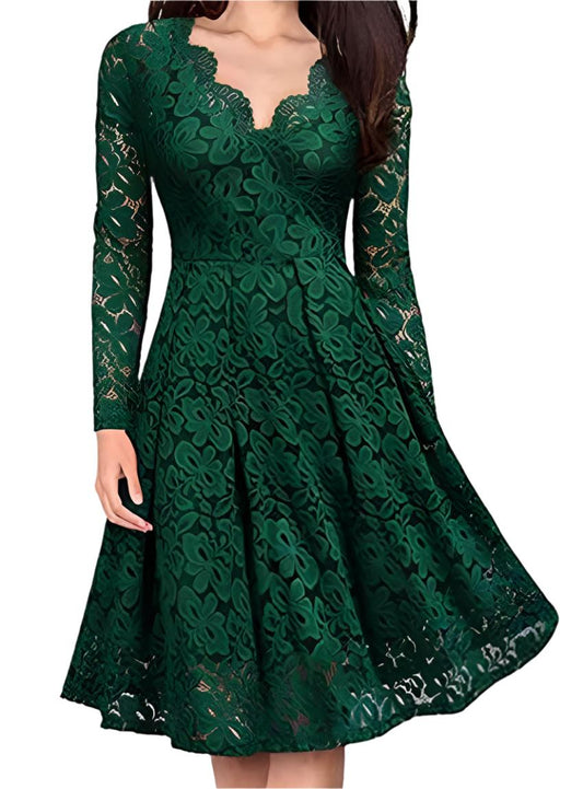 Graceful green lace dress perfect for formal events or holiday gatherings.