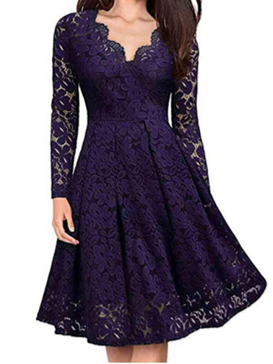Front view of long-sleeve purple lace dress with scalloped neckline and A-line fit.