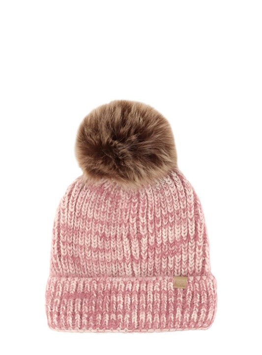 Premium rose colored beanie featuring unique feather knit texture and fur pom