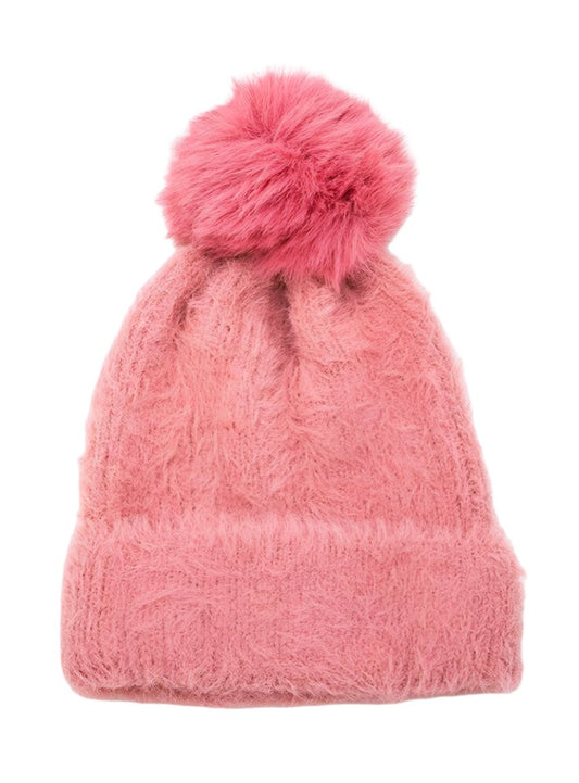 Cozy knit mohair beanie in coral featuring removable faux fur pompom