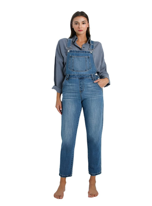 Front view of medium wash denim overalls with 5 pockets.