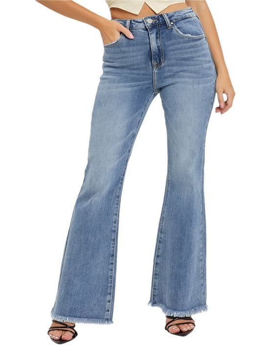 Medium wash RISEN jeans with a high waist and raw hem flare leg