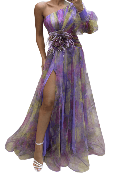 Purple off-shoulder mesh fashion dress with a flowy design and romantic style.