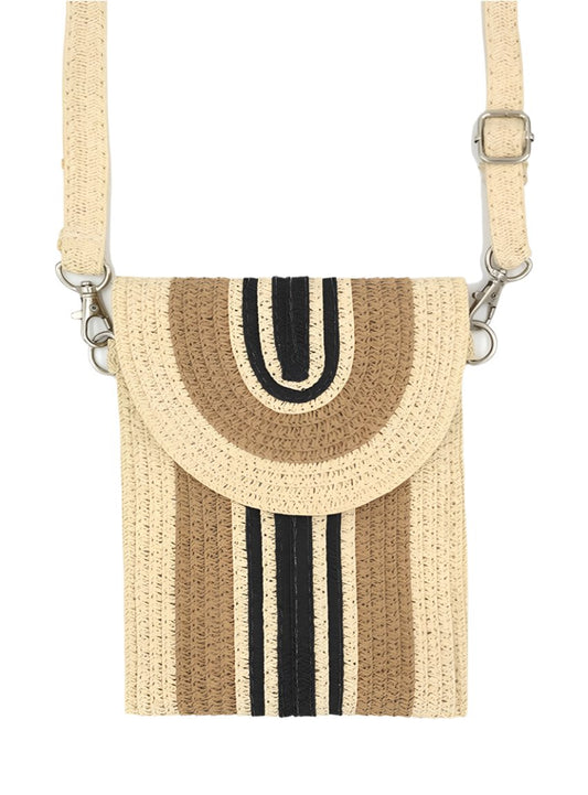 Front view of the Mix Color Straw Crossbody Phone Bag with bold stripe pattern.