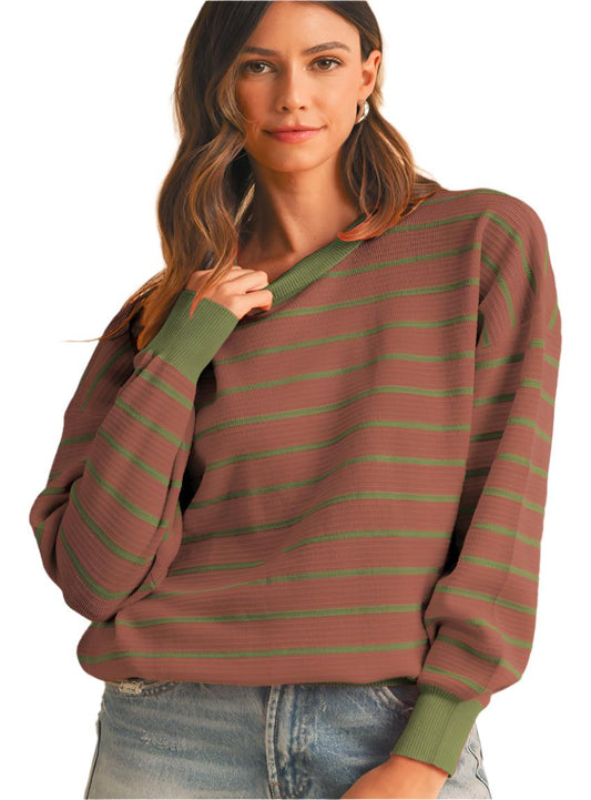 Casual mocha striped rib-knit sweater with drop shoulder sleeves.