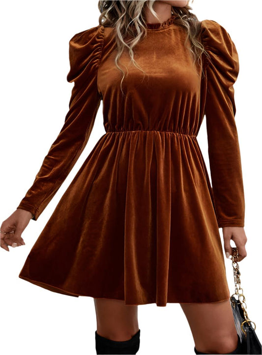Mocha velvet mini dress with dramatic gigot sleeves and frilled neckline