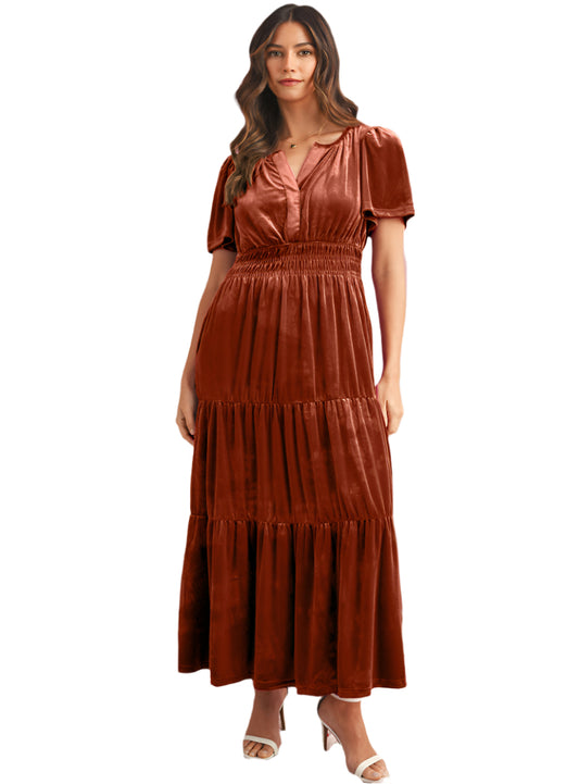 Front view of mocha velvet tiered maxi dress with shirred waist
