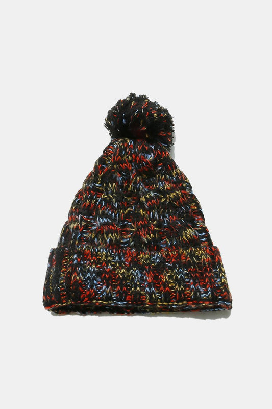 Black multicolor knit pom-pom beanie with a playful pom-pom and cozy winter design