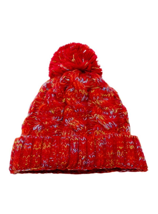 Red multicolor knit pom-pom beanie with vibrant threads and a cozy design, perfect for winter